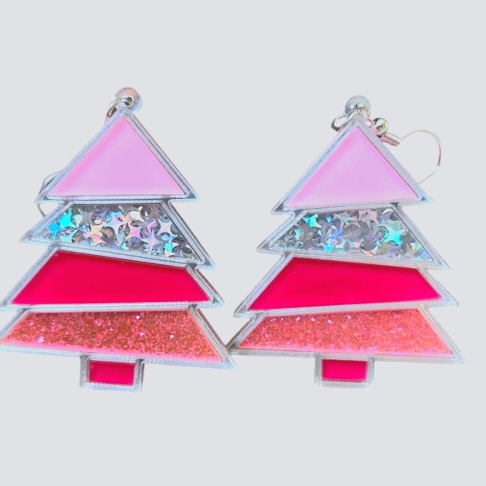 CHRISTMAS TREE PINK & SILVER DAZZLING EARRINGS NWT ✨️